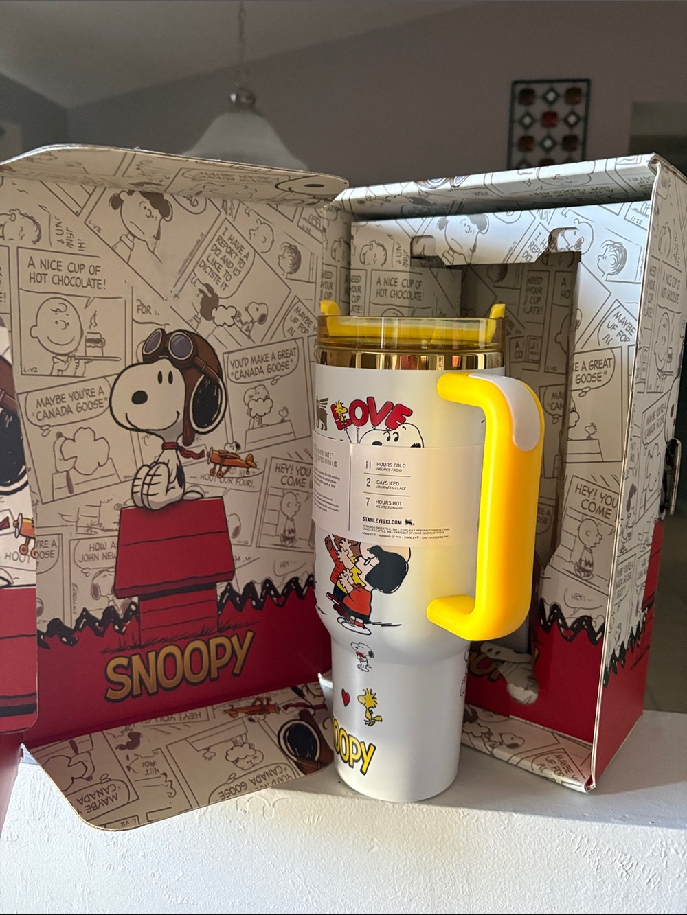 Stanley White Travel Tumbler with Bright Yellow Handle - Snoopy Peanuts Art